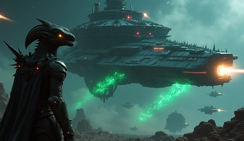 "A thrilling and cinematic sci-fi battle scene set in deep space. A massive, heavily-armored alien warship from the Zrithar Dominion looms ominously in the background, its dark, spiked hull glowing with eerie red lights. In the foreground, a sleek and futu...