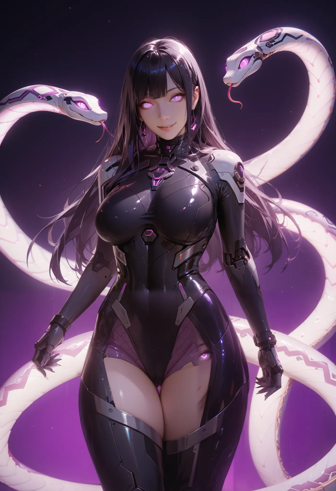 Sci-fi style girl. Mechanical bodysuit. Purple image color. Long hair. Straight hair. Even bangs. Smiling. Glowing eyes. Multiple snakes growing from body. Mechanical snake. Thighs. Thick legs. Breasts perky.
