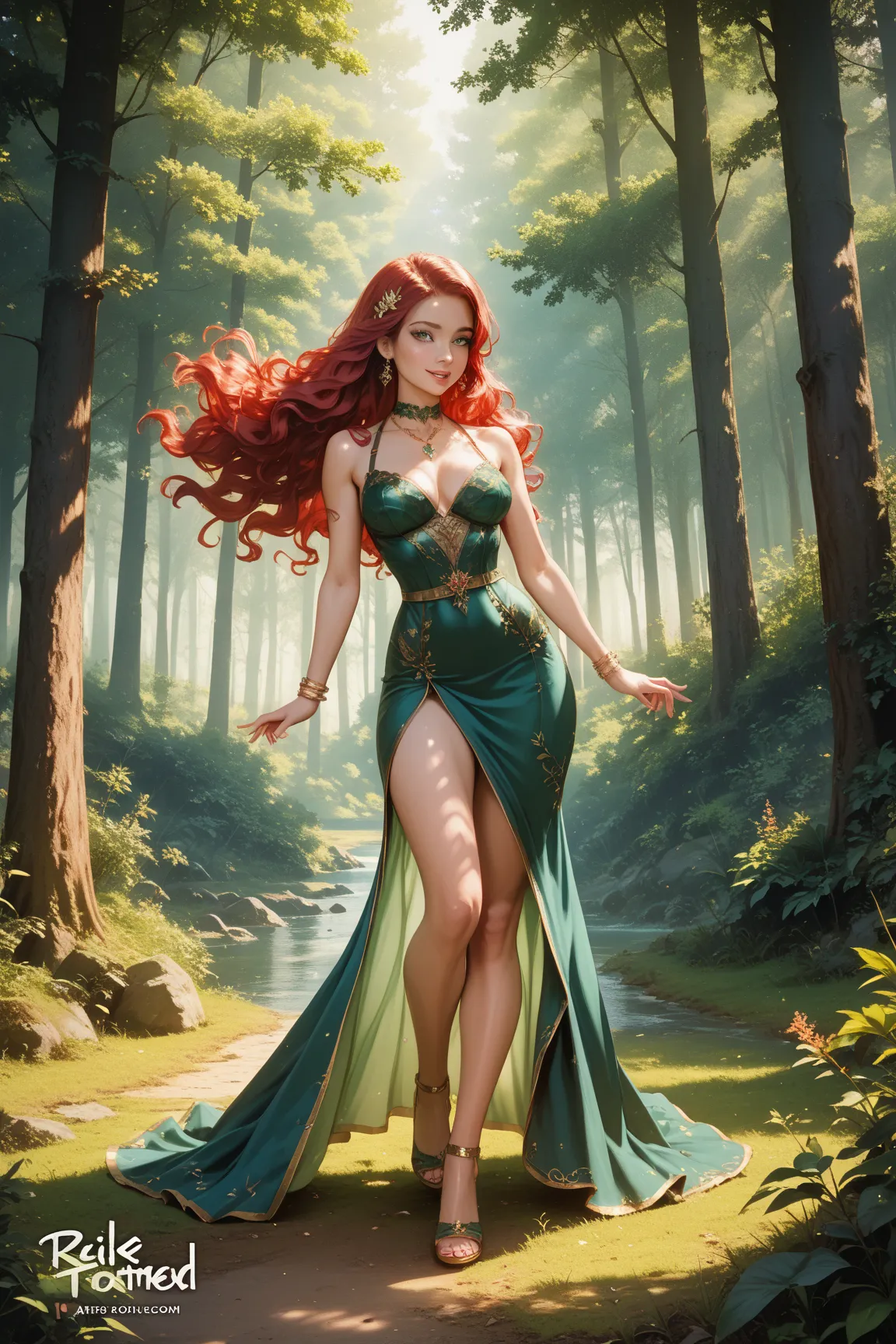 beautiful woman, long wavy red hair, wearing an exquisite forest green summer dress, standing in a forest full of nature and large trees and luscious green grass, beams of sunlight breaking through the forest canopy, dynamic pose, full body view, perfect p...