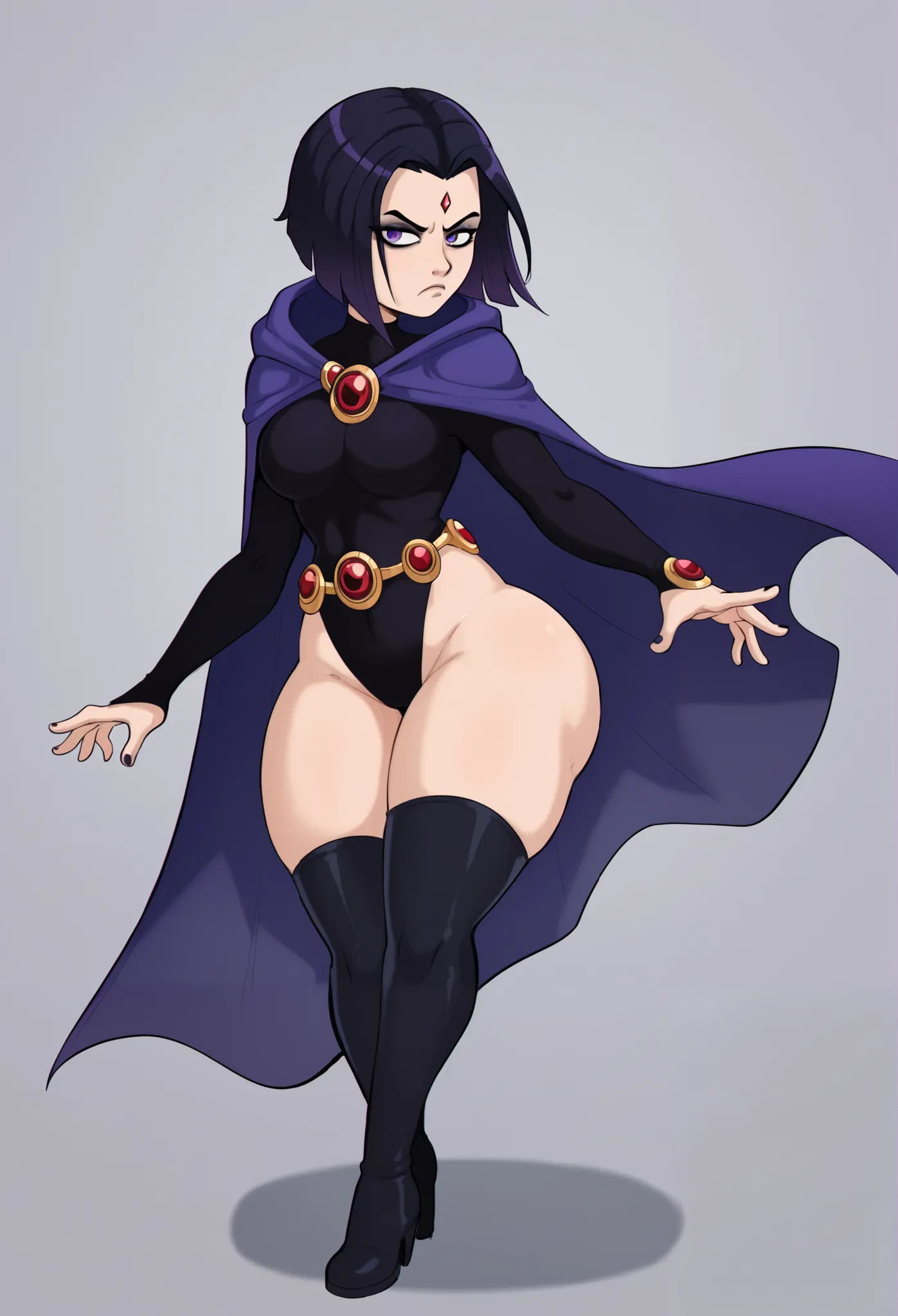  shadcom, score_9, score_7_up, 1girl, solo, black hair, short hair, purple eyes, hood, cloak, leotard, pale skin, thigh-high boots, gold accessories, gemstone brooch, serious expression, gothic aesthetic, simple background, raven DC, big tits, big thighs, ...