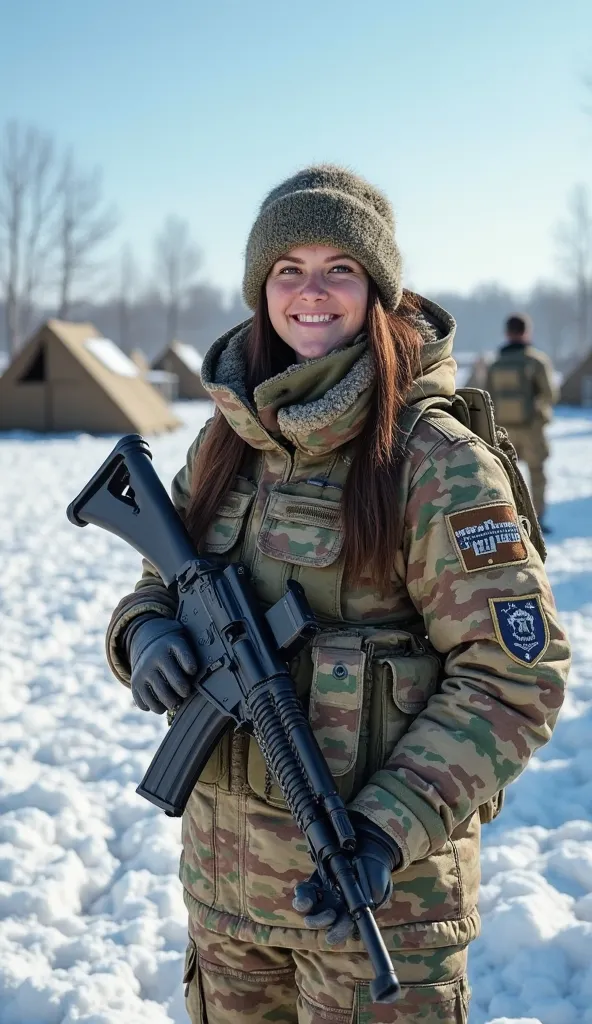 This beautiful 8K quality picture shows a plump, (Ultra-realistic, 8K, HDR, photorealistic:1.4) A Swedish female soldier standing in a bright snowy training ground, smiling warmly at the camera. She wears a Scandinavian winter camouflage uniform with an AK...