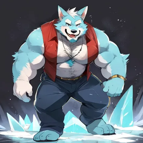 fox, furry, ice color fur, ice powers, ice, handsome, very muscular, very big, extremely hot and sexy, beard, hair, chest hair, charming eyes, solo, male, happy expression, daddy, full body, big body, clothes, middle aged, by hyaku, by darkgem, by glitter ...