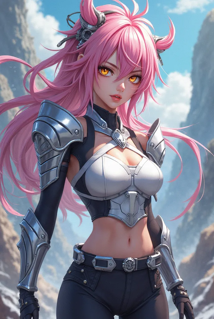 (maximum quality, best quality,  official art , beautiful and aesthetic:1.2) Anime nymph, spiky pink hair, golden eyes, Are your combat training clothes and pants white and black,  Silver Armor.
