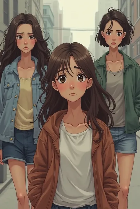 Do a horizontal comic where a  girl with brown hair is with her friend with wavy black hair and another friend with short hair and those friends start to move away from her.