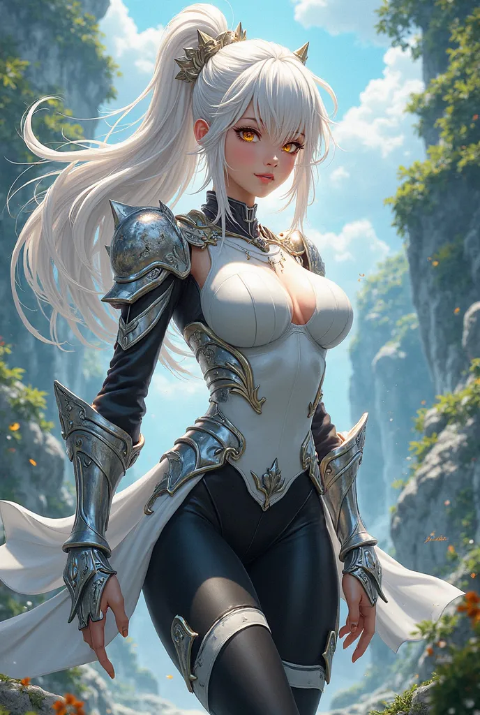 (maximum quality, best quality,  official art , beautiful and aesthetic:1.2) Anime nymph,  spiked white hair, golden eyes, Are your combat training clothes and pants white and black,  Silver Armor.
