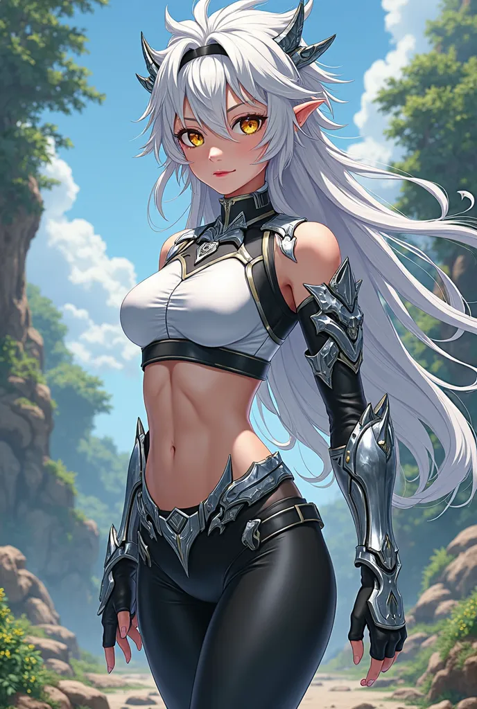 (maximum quality, best quality,  official art , beautiful and aesthetic:1.2) Anime nymph,  spiked white hair, golden eyes, Are your combat training clothes and pants white and black,  Silver Armor.
