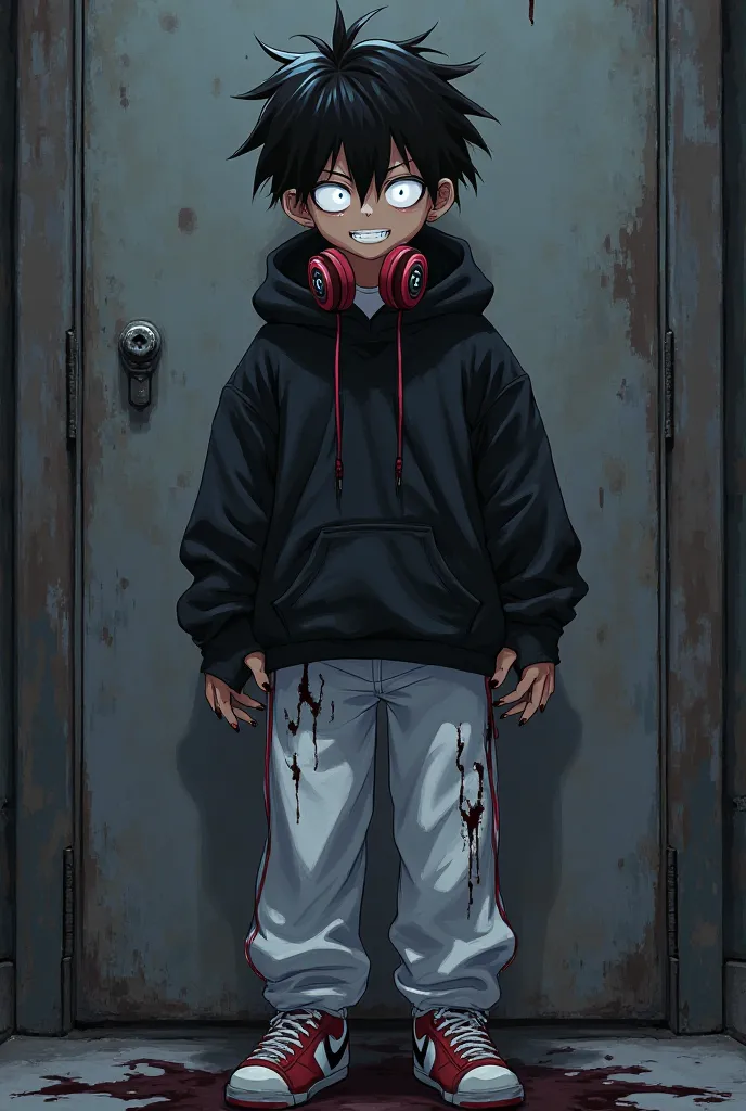 man, anime, His clothing,  black sweatshirt , pants blanco, red sneakers with black and white and headphones surrounding his neck
object in hands, sharp black claws
Description of the character,  boy tall 1,61 and with messy black hair and bright white eye...