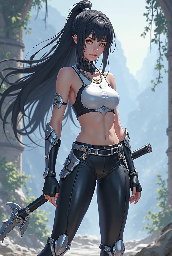 (maximum quality, best quality,  official art , beautiful and aesthetic:1.2) Anime nymph,  spiked black hair , golden eyes, Are your combat training clothes and pants white and black,  Silver Armor.
