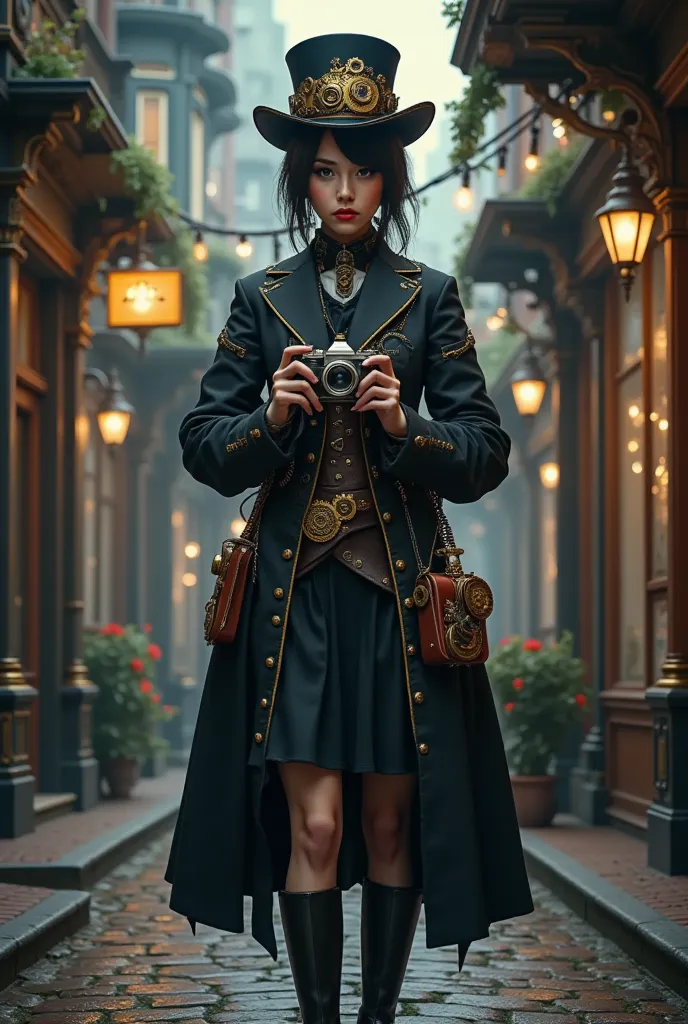 Female steampunk photographer, with camera, attire typical of his profession,  Victorian steampunk, features hide in a 19th century Victorian steampunk cobblestone street, Gothic, Dark,  dark fantasy ,  hyperrealistic , 8K, full hd, steampunk, 19th century...