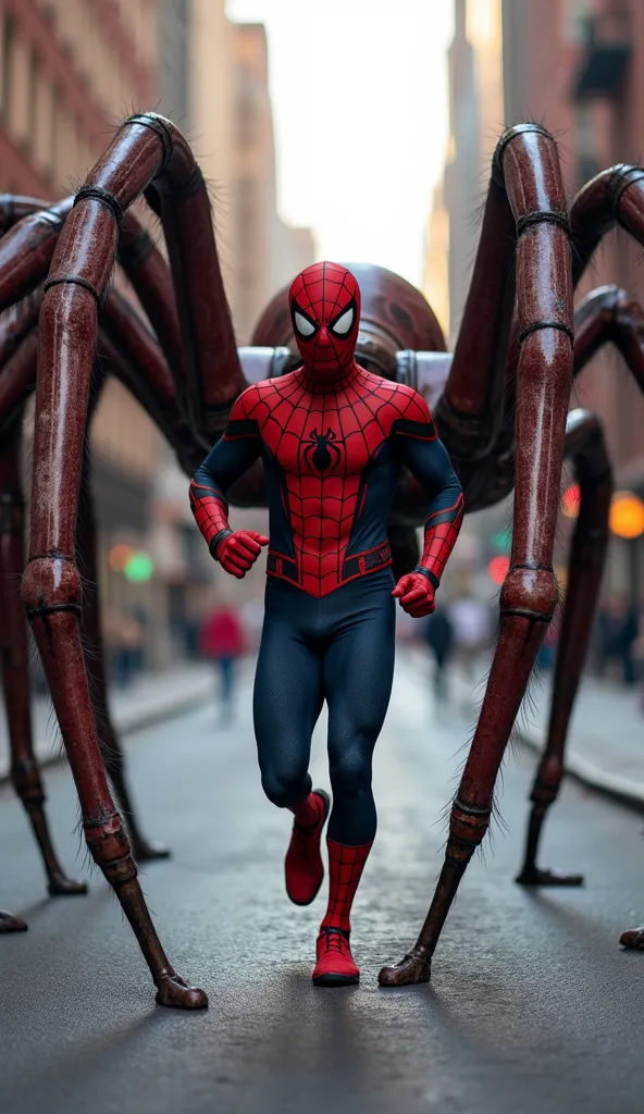 Spider-Man running alongside a giant spider 