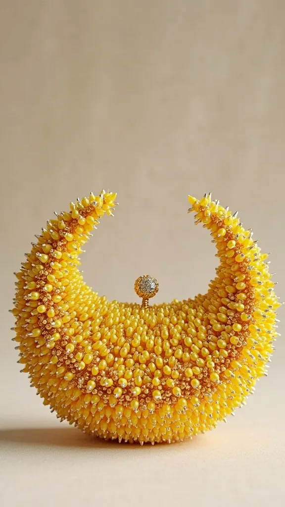 Create a curvy crescent shaped bead embroidered bag made with sparkling crystal beads and short spiky yellow crystal bead. The color should be yellow. The bag should be a small medium bag. The bag should also be made embroidery style.