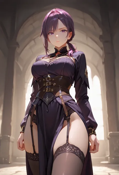 1girl, solo, side swept short ponytail, purple hair, cloaked, assassin, stockings, epic, medium breasts, purple eyes, no expression, masterpiece, medieval background, mommy. 