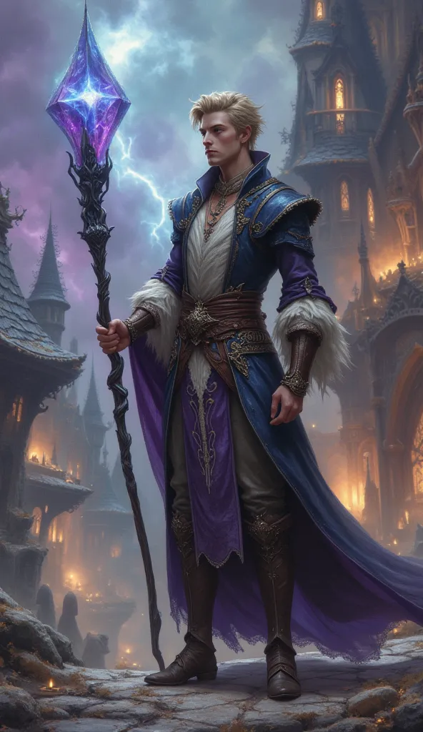  a young man, thin and blond with a tuft of blue hair wearing a medieval costume with purple lace and brown shoes and a black wand with a blue and violet diamond. In a medieval and magical world with fantasy buildings 