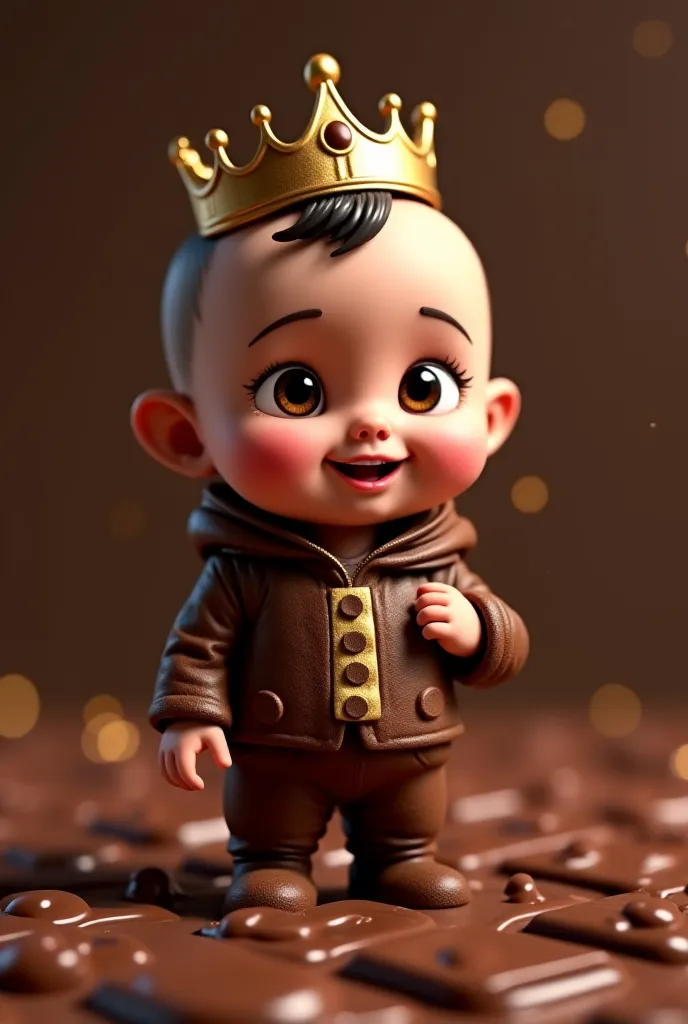 (One Baby - 8K Ultra Quality)
A baby cute face wearing a luxurious brown and gold chocolate-patterned outfit, with a chocolate crown on their head, standing on a floating giant chocolate bar with molten chocolate droplets glowing in the air!