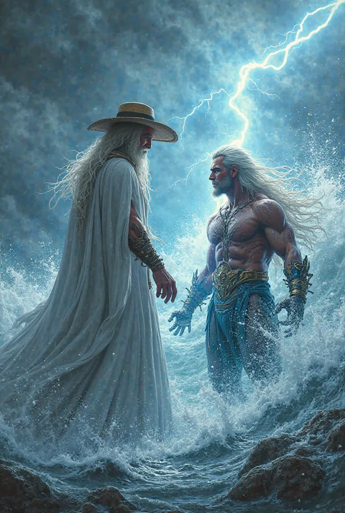 I need an image of Raiden from Mortal Kombat, who has long white hair and a straw hat and white clothes, staring at Aquaman. 