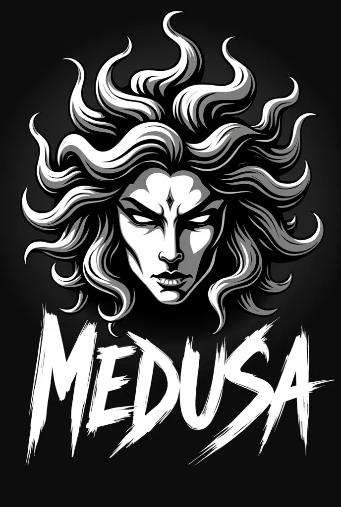 Head logo of the goddess Medusa in black, white and gray written Medusa Brazilian Fight with graffiti letters