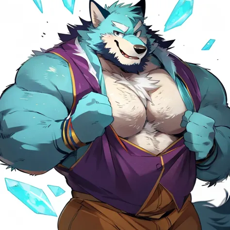 fox, furry, ice color fur, ice powers, ice, handsome, very muscular, very big, extremely hot and sexy, beard, hair, chest hair, charming eyes, solo, male, happy expression, daddy, full body, big body, clothes, middle aged, by hyaku, by darkgem, by glitter ...