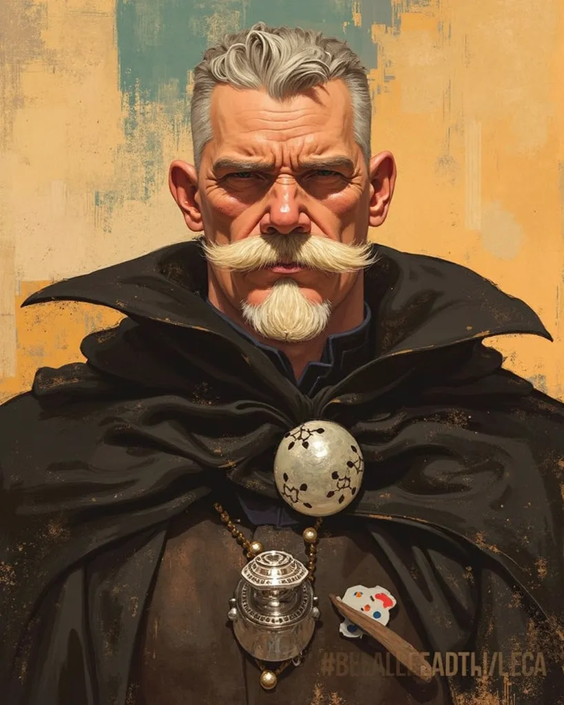 painting of a man with a mustache and red cape, a portrait of a character inspired by Johannes Helgeson, trending on artstation, fantastic art, Wojtek Fus, impressive character art, character portrait art, Pascal White ,  close up portrait of a wizard,  po...