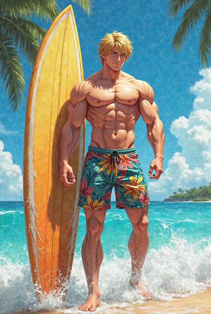 Anime male althro surfer blond equine swimtrunks beach surfboard "huge cock bulge"