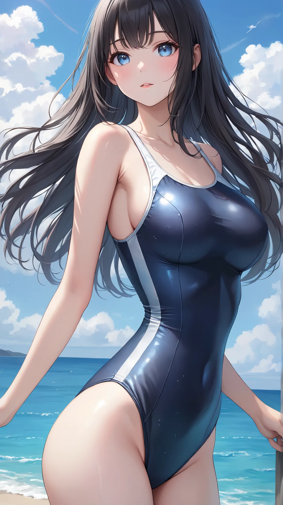 (masterpiece,best quality,ultra detailed,high resolution),(realistic:0.3),(cowboy shot),daytime,lady,black hair,medium straight hair,cool eyes,school swimsuit,beautiful sky,normal breast,wide hips,looking viewer,side boob,