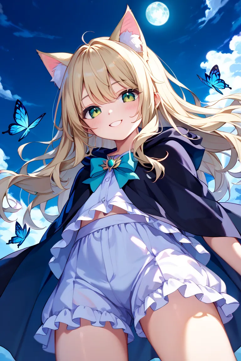 masterpiece、Top Quality、Super Detail、High Resolution、(beautiful girl、Cat ears、 Witch、Cute Face、 platinum blonde hair、green eyes、Black Cloak、青い Witchのドレス)、moonlight、night、Fairy Forest 1.4、Butterflies flying around、(soft smile)、anime style、(long hair、flowing...