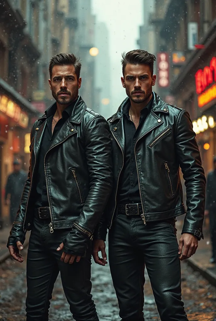 A clear picture of 2 male in leather clothes at the street 