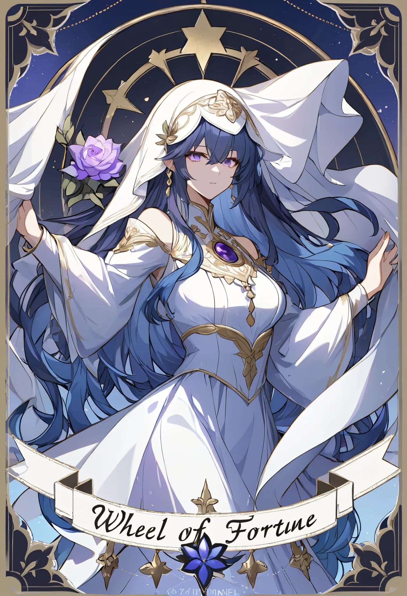 Handsome, solo, 1 female, long hair, blue hair, light purple eyes, white veil, white dress, tarot, Wheel of Fortune