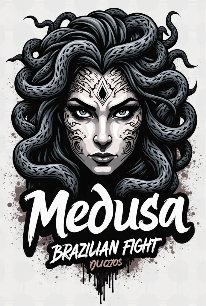 Logo with the head of the goddess Medusa with her face tattooed in black, white and gray with snakes in her hair and written on the back Medusa Brazilian Fight with letters of urban graffiti