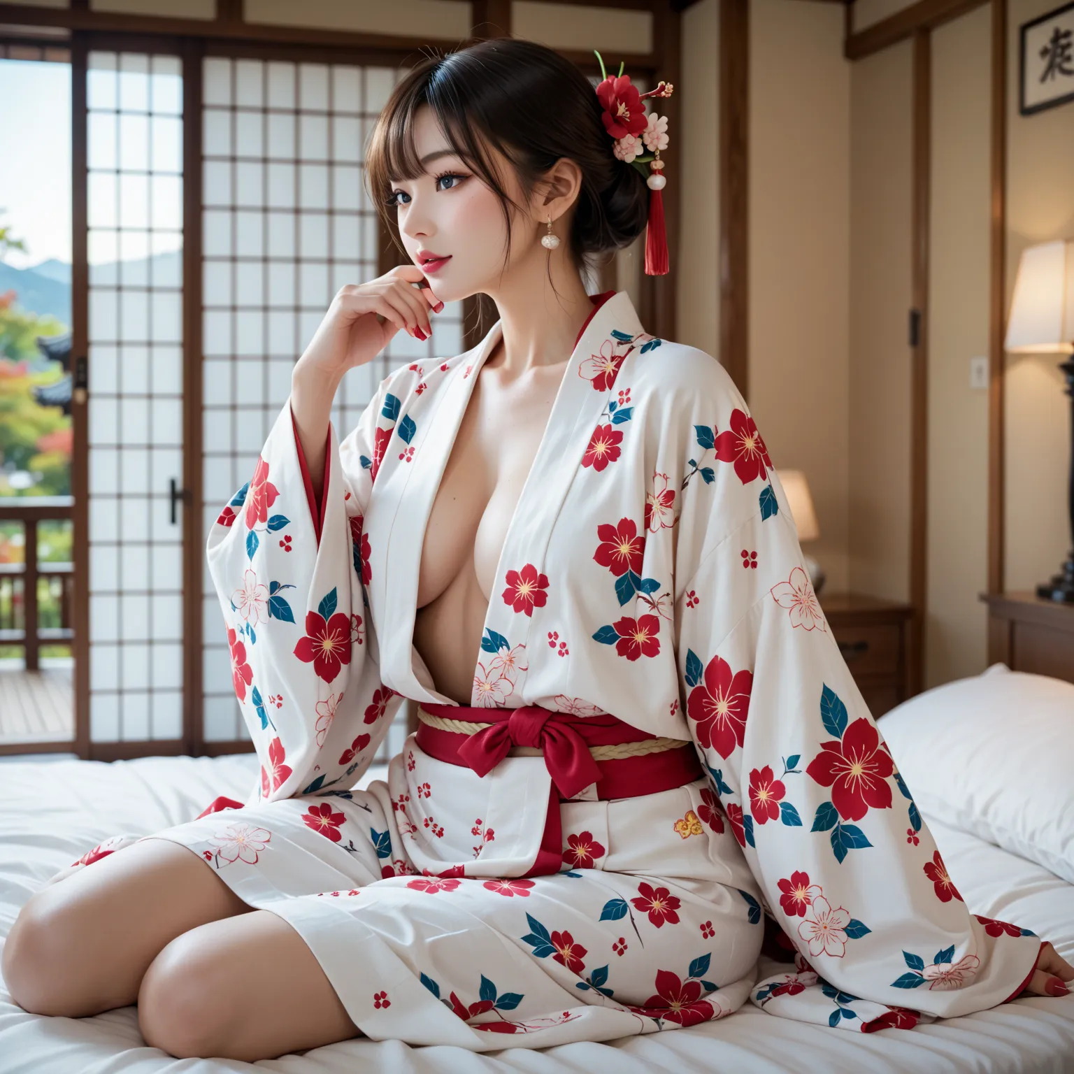 A beautiful Japanese woman in a juban, Japanese style bedroom, 