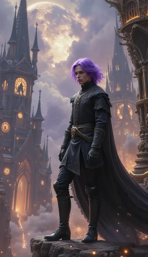 A violet-haired young man wearing medieval black clothing with white lace in a medieval steampunk world with buildings in a fantasy world 