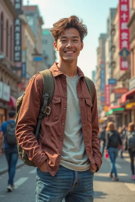 Profile picture, a man, student, wearing jeans, with a backpack on his back, smiling, city street.