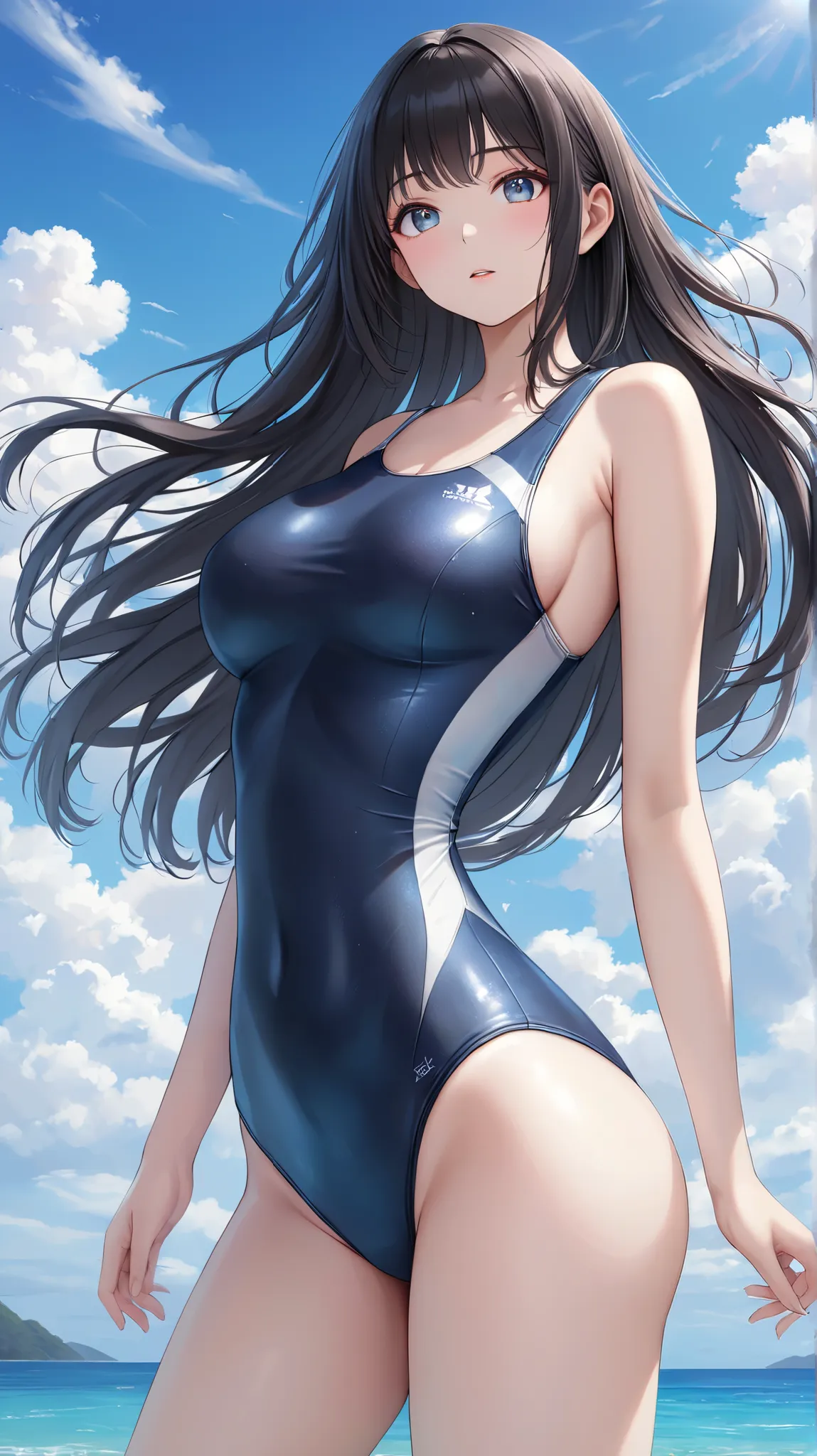 (masterpiece,best quality,ultra detailed,high resolution),(realistic:0.3),(cowboy shot),daytime,lady,black hair,medium straight hair,cool eyes,school swimsuit,beautiful sky,normal breast,wide hips,looking viewer,side boob,