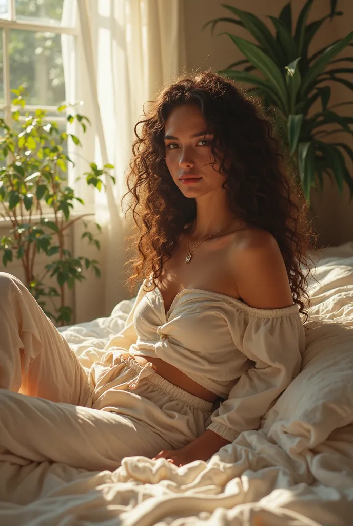 (photorealism:1.2), beautiful woman, sitting on bed, wearing loose off-shoulder top, pajama pants, long curly hair, indoors, soft lighting, plants in background, window with sunlight, cozy room, relaxed pose, realistic, intricate details, warm colors, by G...