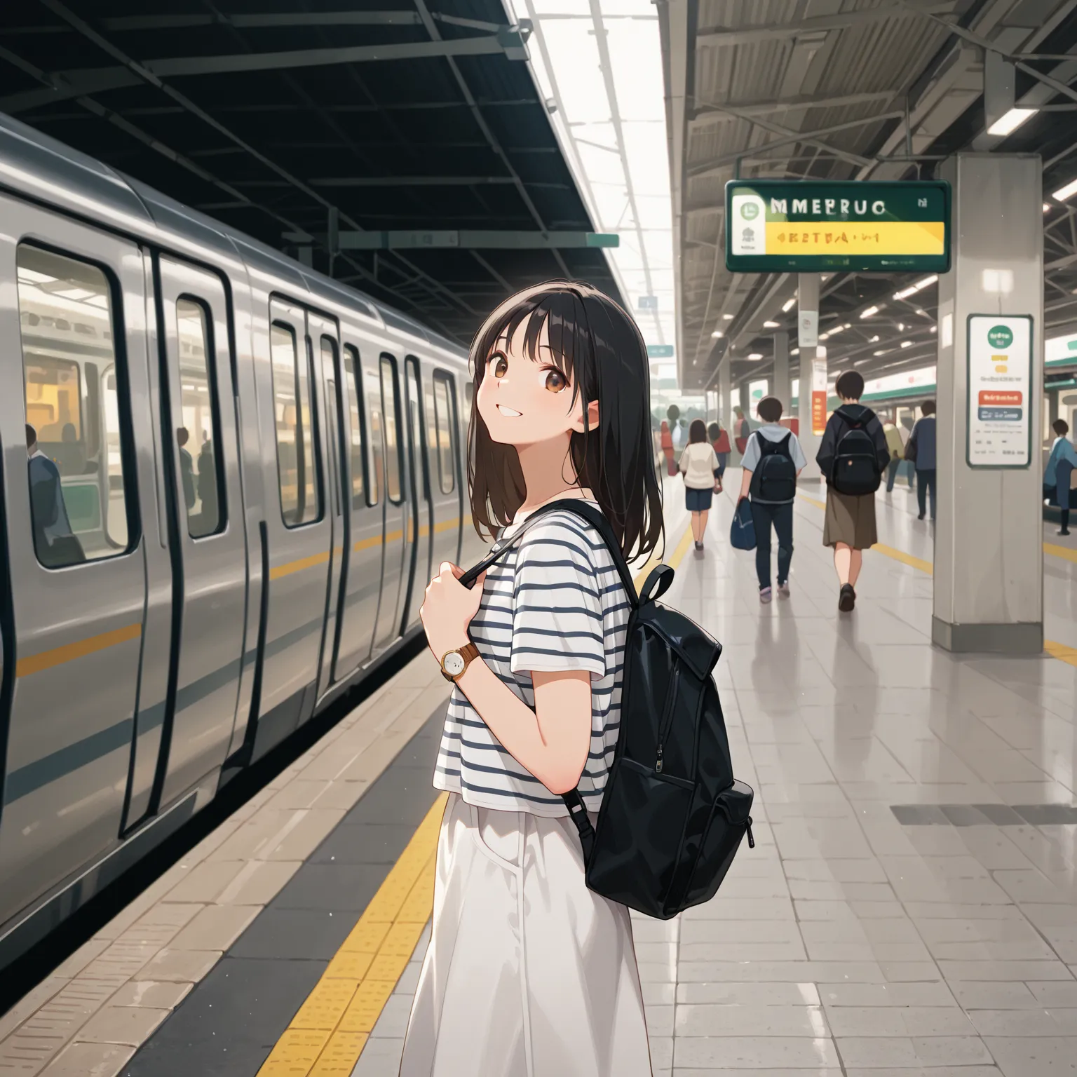 Masterpiece, hd, 1girl, 2d, anime, black hair, brown eyes, wearing casual clothes, wearing black backpack, watch, metro, train station, standing, outdoor, smile