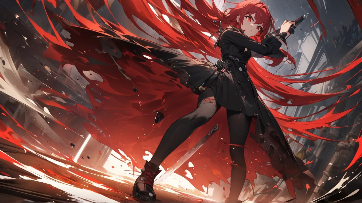 High Resolution、 deep、full body
 .、red hair、red eyes、low angle on the desk、1 girl,  action painting made of black gemstones、standing、sword、Soluble