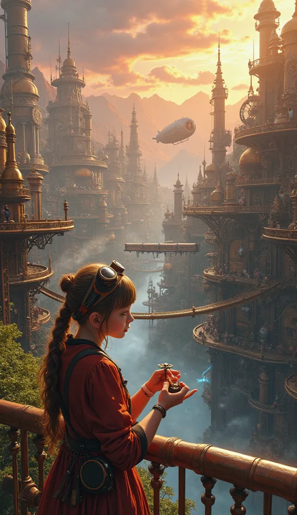 8K ultra-high-quality photorealistic digital art a sprawling steampunk metropolis nestled in a lush valley surrounded by towering mountains the city is a marvel of brass gears copper pipes and polished wood with airships docking at towering spires and stea...