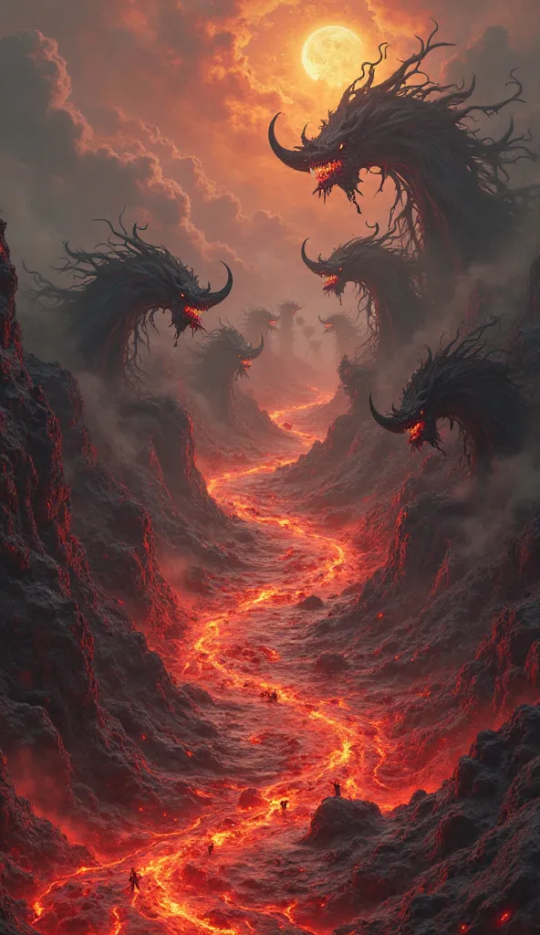 Demons tearing people apart in a river of lava