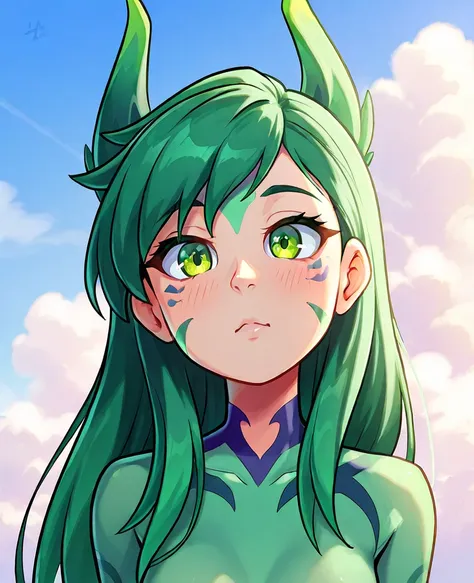 *"An anime-style portrait of Neeko from League of Legends against a bright blue sky background with some fluffy clouds.  her hair is short,  bulky and slightly messy , with pointed and green locks with vibrant luminous reflections. His chameleonic ears are...