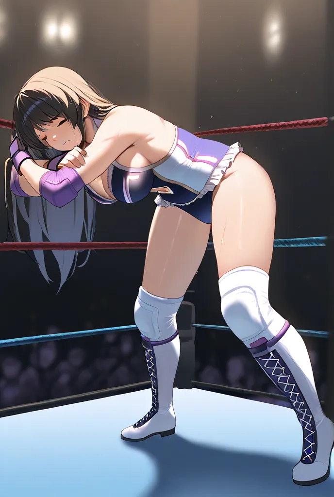 A female wrestler spreads her legs and is crucified in the corner of a wrestling ring,raide on tightrope her knees,Being held in the wrestling corner,sad,dead or alive