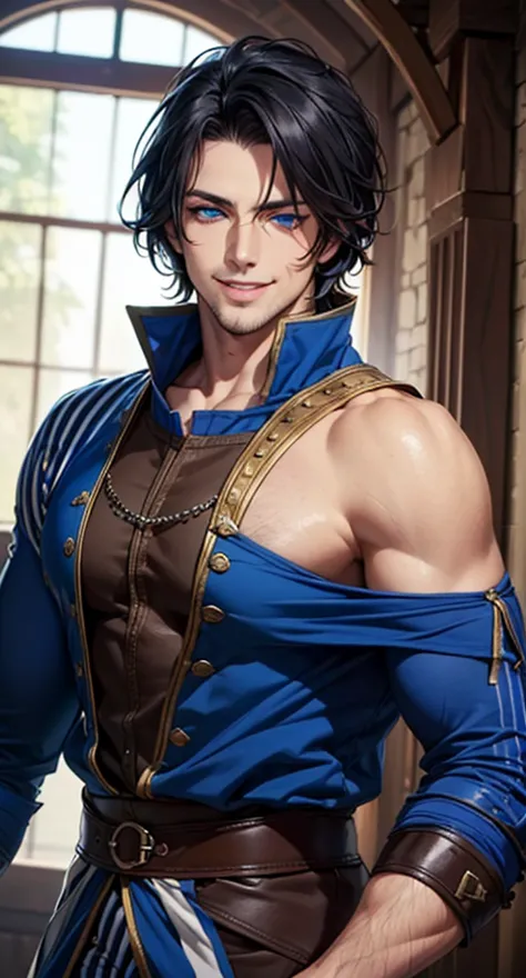 (best quality,4k,masterpiece:1.2),(handsome, man with shoulder length black hair, smiling, blue striped medieval clothing blue eyes blue eyes rugged man strips