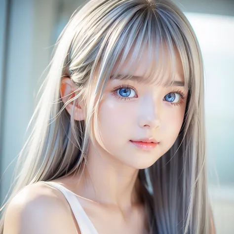  Shining,  clear , white skin、Her windblown silver hair hides her beautiful face.very cute beautiful 、 cute sexy little beautiful face、Beautiful straight hair that stands out、growing up, sparkling very bright light blue eyes、Long, silky bangs that cover cu...