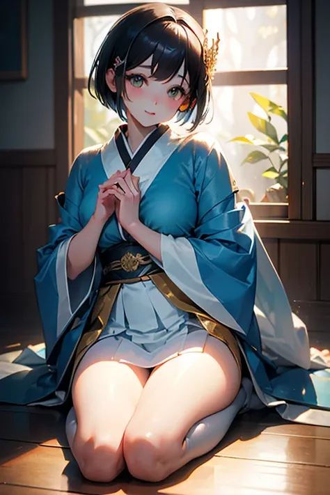 super high quality、real photo、(Extremely Detailed CG Unity 8K Wallpaper、masterpiece)、(Best lighting、Best Shadow、very delicate and beautiful)、ultra detail、《Queen Himiko of Yamatai：1.2》、《Japanese woman with petite and super short bob cut hair：1.2》、《Praying s...