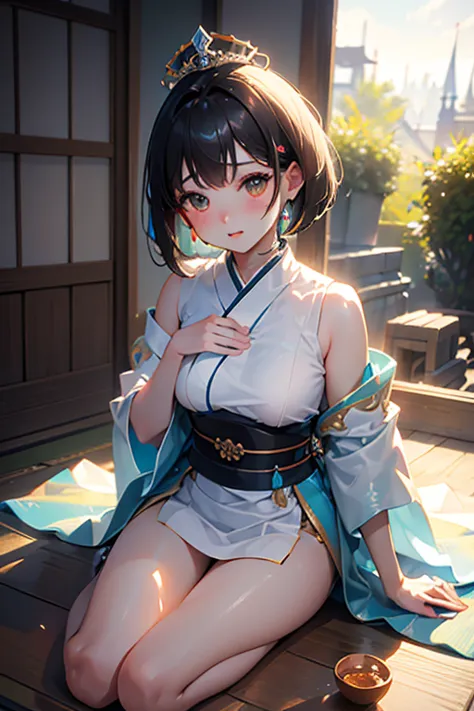 super high quality、real photo、(Extremely Detailed CG Unity 8K Wallpaper、masterpiece)、(Best lighting、Best Shadow、very delicate and beautiful)、ultra detail、《Queen Himiko of Yamatai：1.2》、《Japanese woman with petite and super short bob cut hair：1.2》、《Praying s...