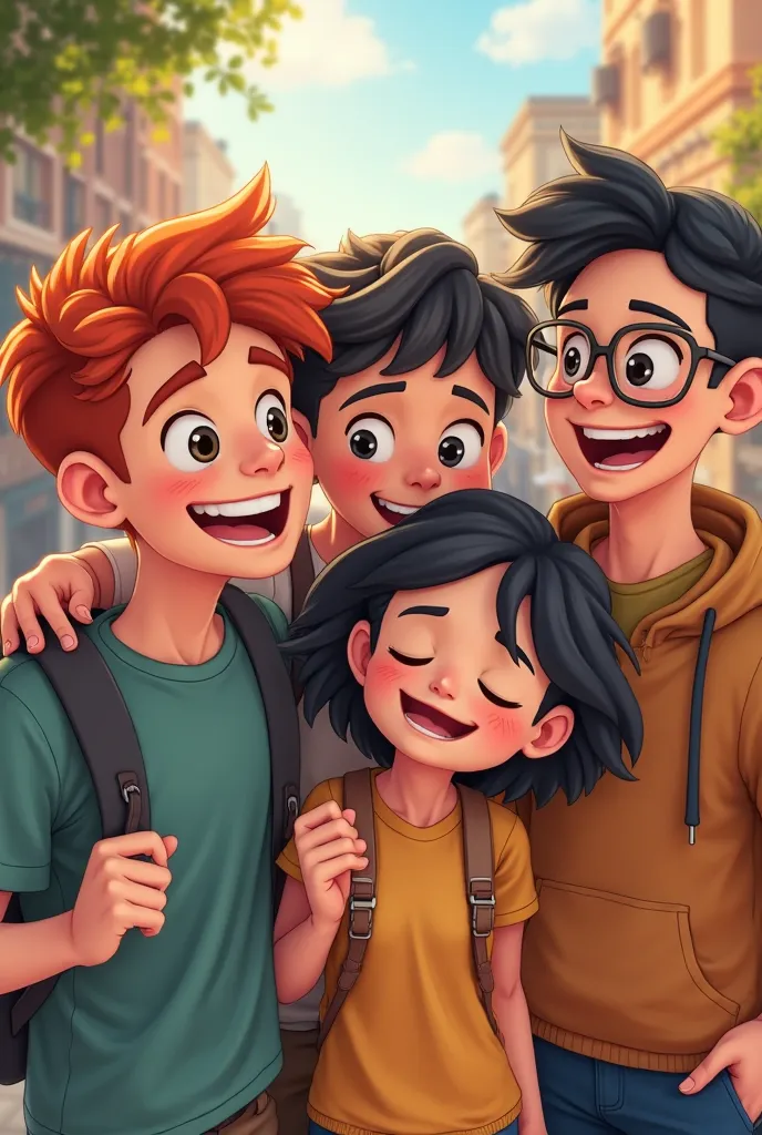  Group of friends, 2d, 4 guys , 1 girl, A boy with red hair , A boy with black hair and glasses, A girl with short black hair