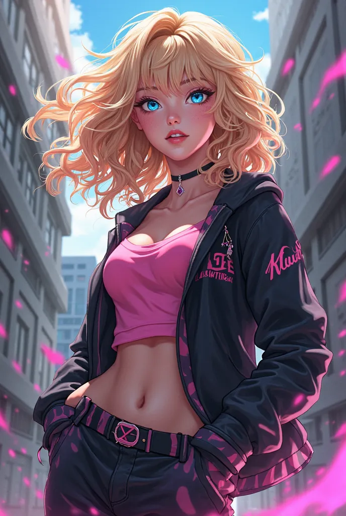  female college student ,  curly haired blonde , blue eyes, Dressed in pink or black, Jujutsu Kaisen animation style, young adult 