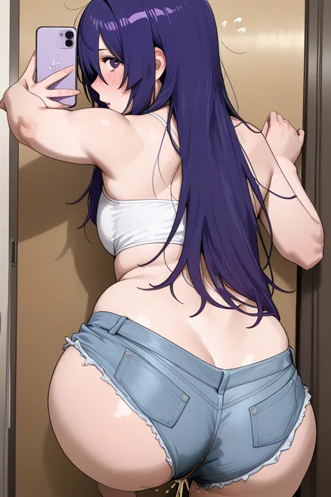 Purple Hair、long bangs、long hair caught in a hole、Eyes are hidden、girls、tight（Bust 150 ）、and a big butt（Hips 110 ）、denim shorts、selfie、blush、pee