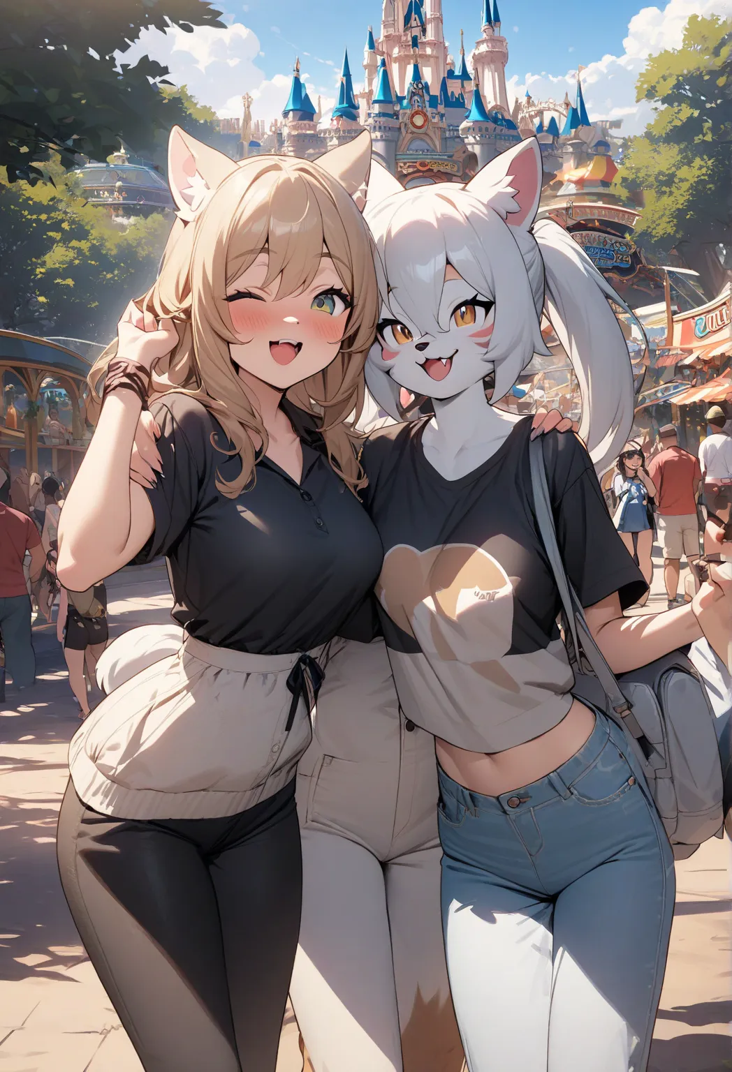 top quality, best quality, High-quality illustrations, masterpiece, super high resolution, detailed background, detailed background, An amusement park, Disneyland, 3+boys, 3+girls, Happy, joyful, absurdres, perfect anatomy(Photos taken with friends)(kemono...