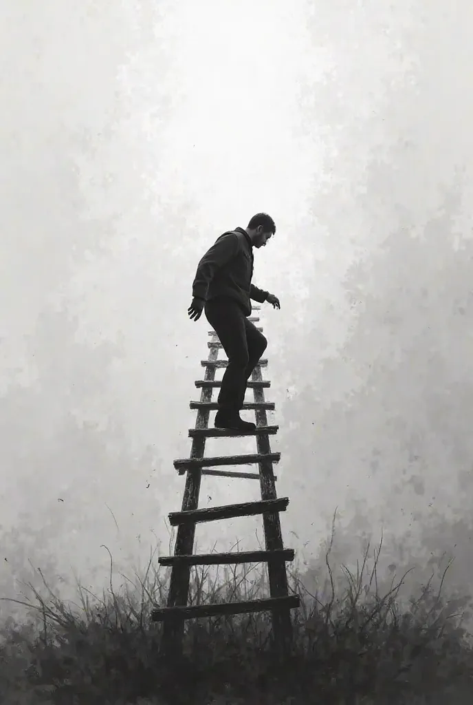 Create for me a monochrome image of a man climbing a 33-step ladder and at the top of it a beautiful arrival 