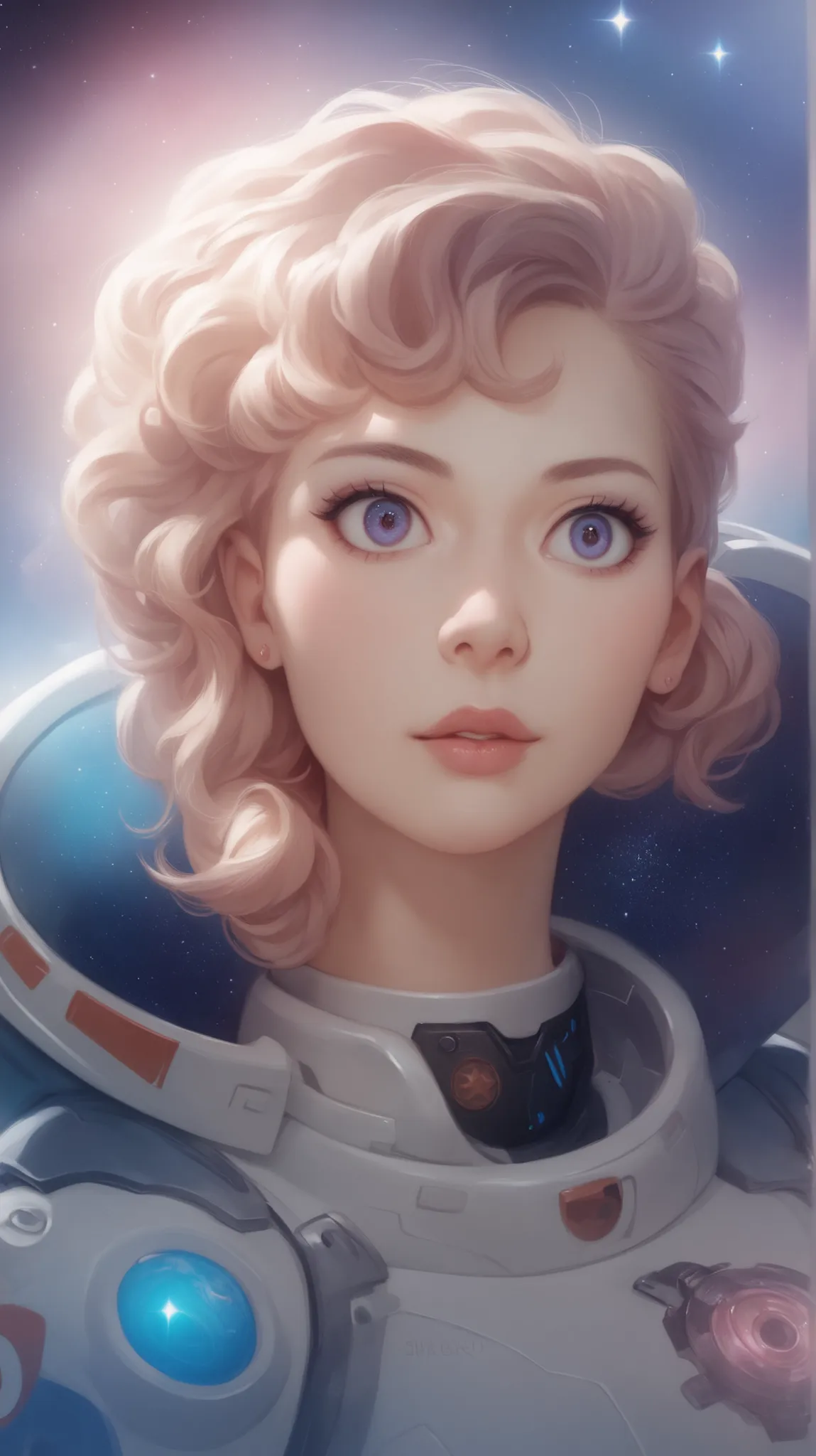  (super realistic, 8k_resolution, highest quality, ultra detailed) a beautyfull girl, anime style, big eyes, wearing a futuristic warrior space suit, galaxy stars background