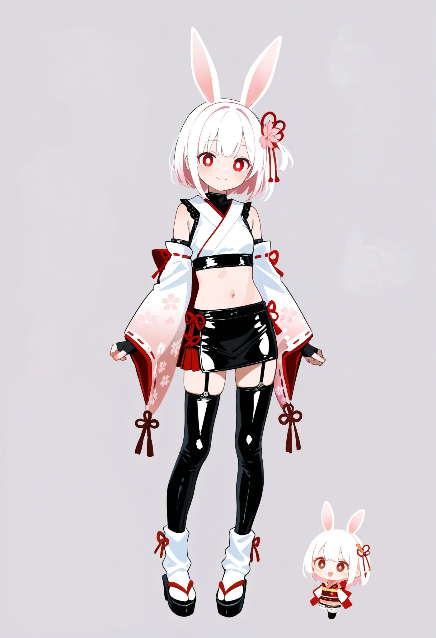 no lineart,Minimalism,,bright pupils,loosesocks、white black、 chibi,、knees、、black tights、bunny girl,super realistic,high quality,Detailed,4K rendering,white studio background with,Smiling face,rabbit in a bodysuit,wearing a traditional Japanese clothes, sak...